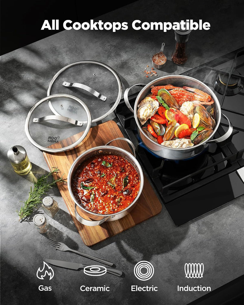 Pots and Pans Set Hybrid Stainless Steel, 17PC Nonstick Tri-Ply Cookware Set w/Frying pan, Dishwasher & Oven Safe