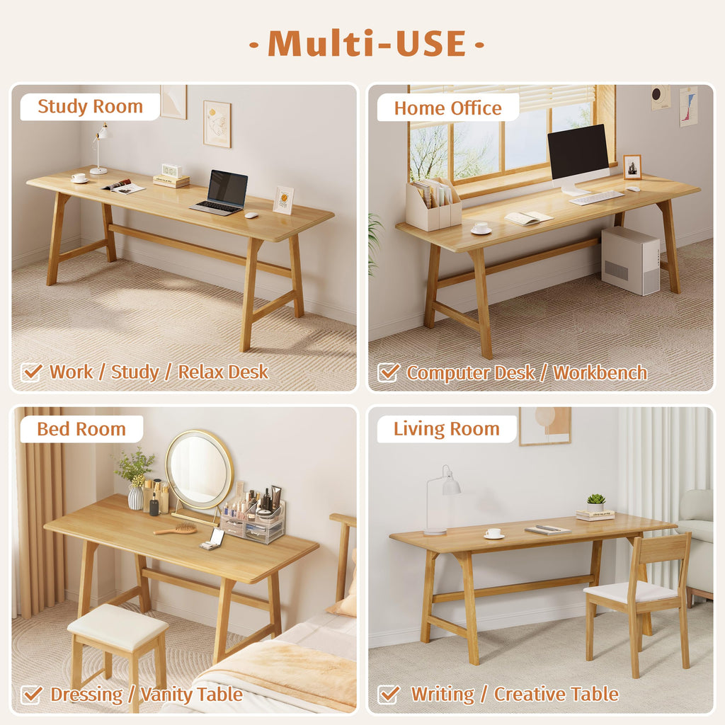 Solid Wood Writing Table - 72" W Minimalist Long Computer Desk, Oak