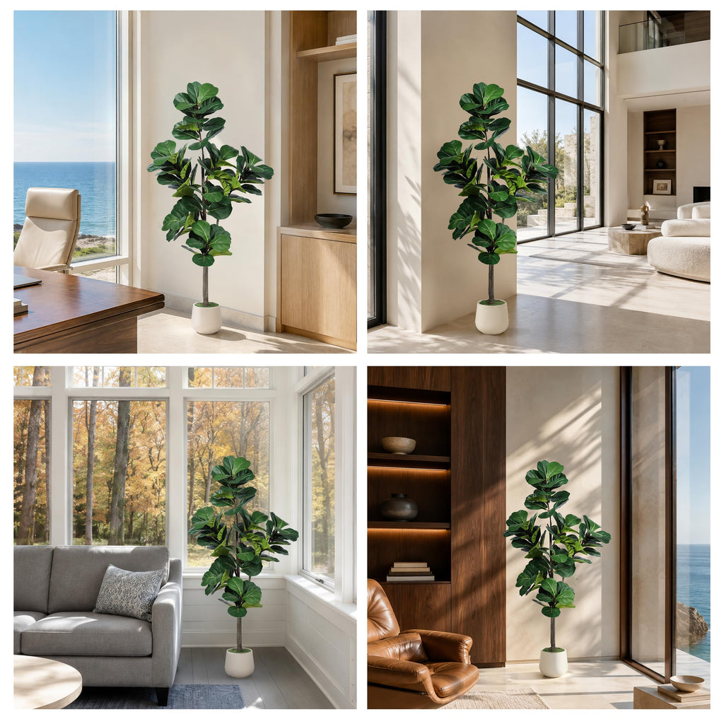 5ft Fiddle Leaf Fig Tree Artificial with White Exquisite Planter