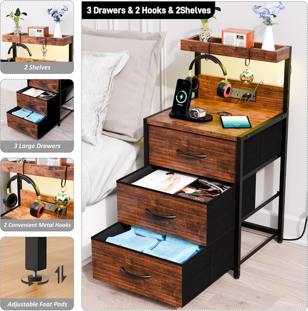 Nightstands Set of 2, End Table with LED Light and Charging Station Type C, 3 Drawers Storage Night Stand with Hooks