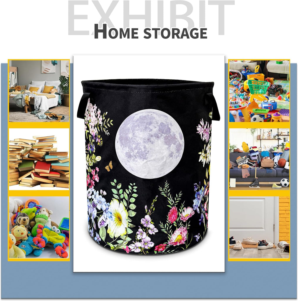 Full Moon Flowers Laundry Basket Foldable Waterproof Hamper 18.9x16.5 Inch | Oxford Cloth With Reinforced Handles
