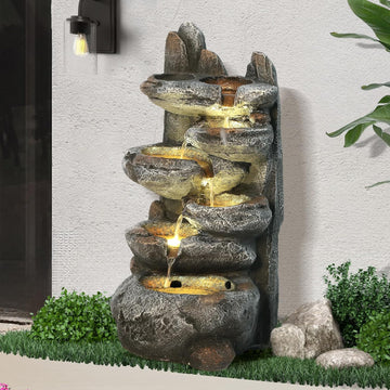 Outdoor Cascading Rock Water Fountain, 6-Tier Fountain and Waterfall | Garden Freestanding Resin Waterfall Feature