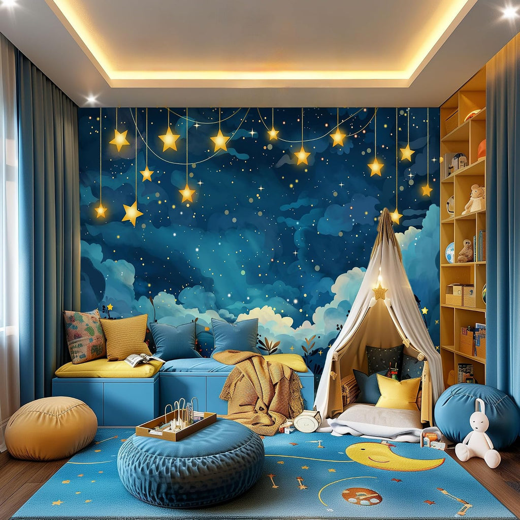 Starry Sky Peel and Stick Wallpaper Mural, Night Celestial Blue | Seamless edge-to-edge match for easy DIY. Starry