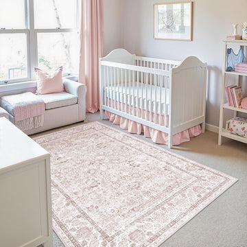 Light Pink 4x6 Rugs Nursery Rug Vintage Aesthetic Cute Boho Floral Washable Area Rug Indoor Carpet for Kids Room