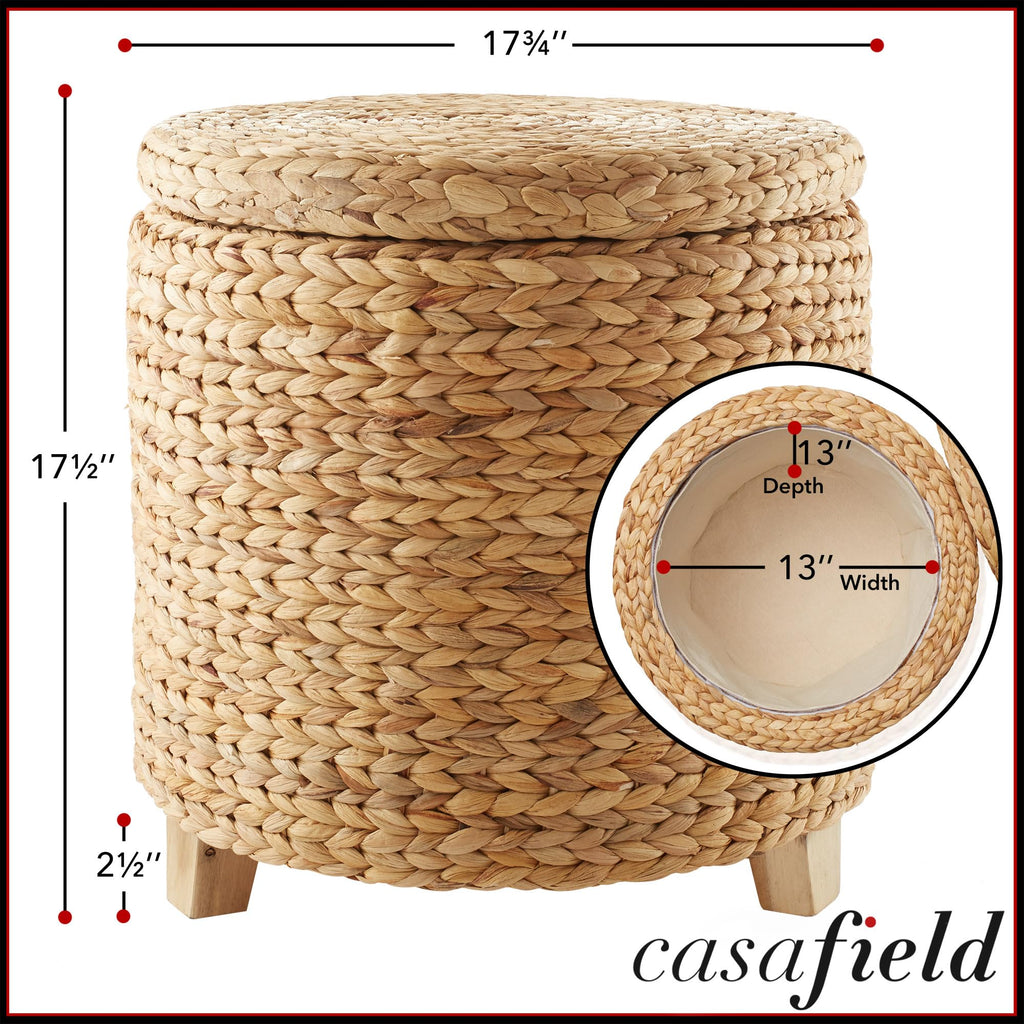 17" Round Storage Ottoman with Lid - Natural, Handwoven Water Hyacinth Footstool