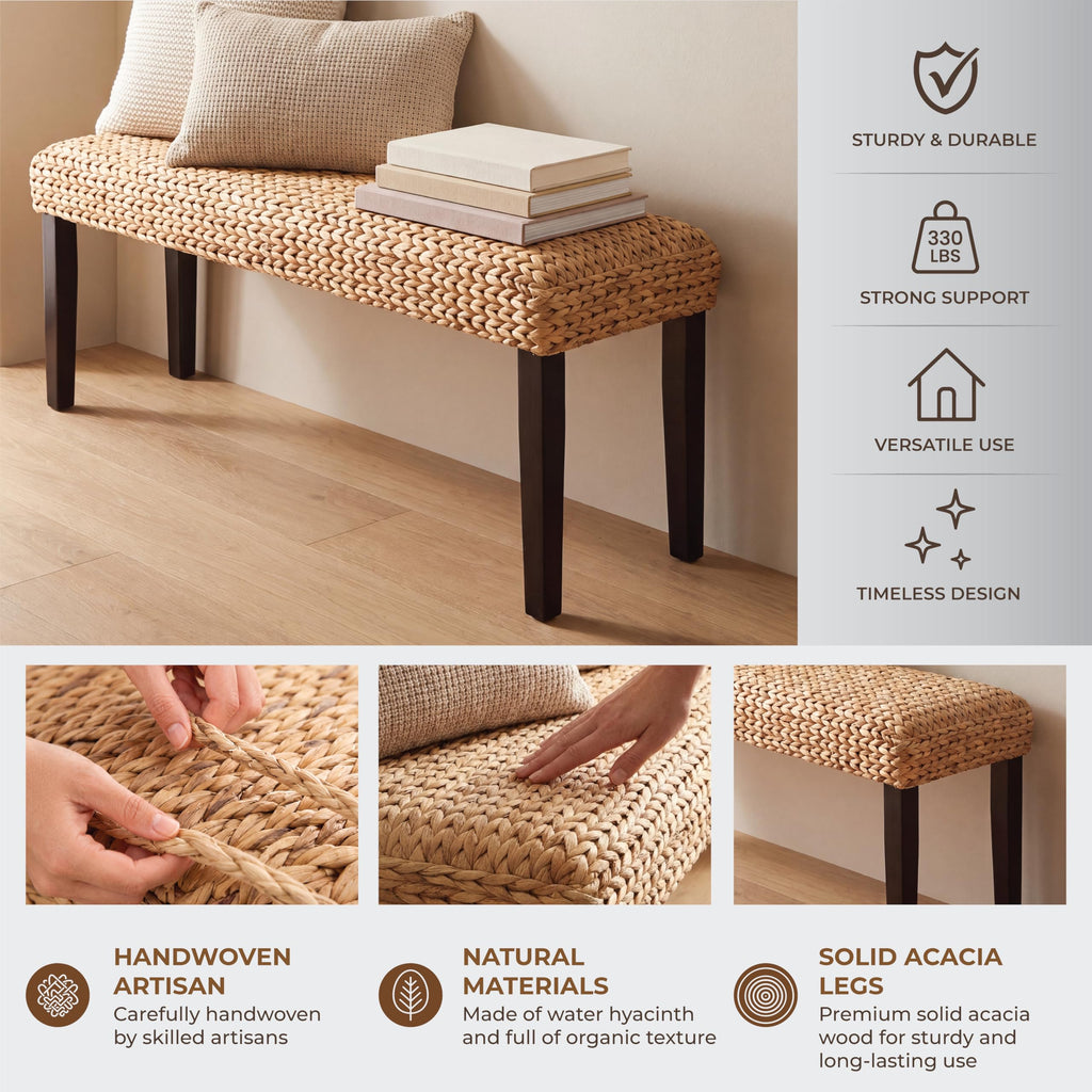 Solid Acacia Wood Entryway Bench with Water Hyacinth Woven Seat, Black Leg