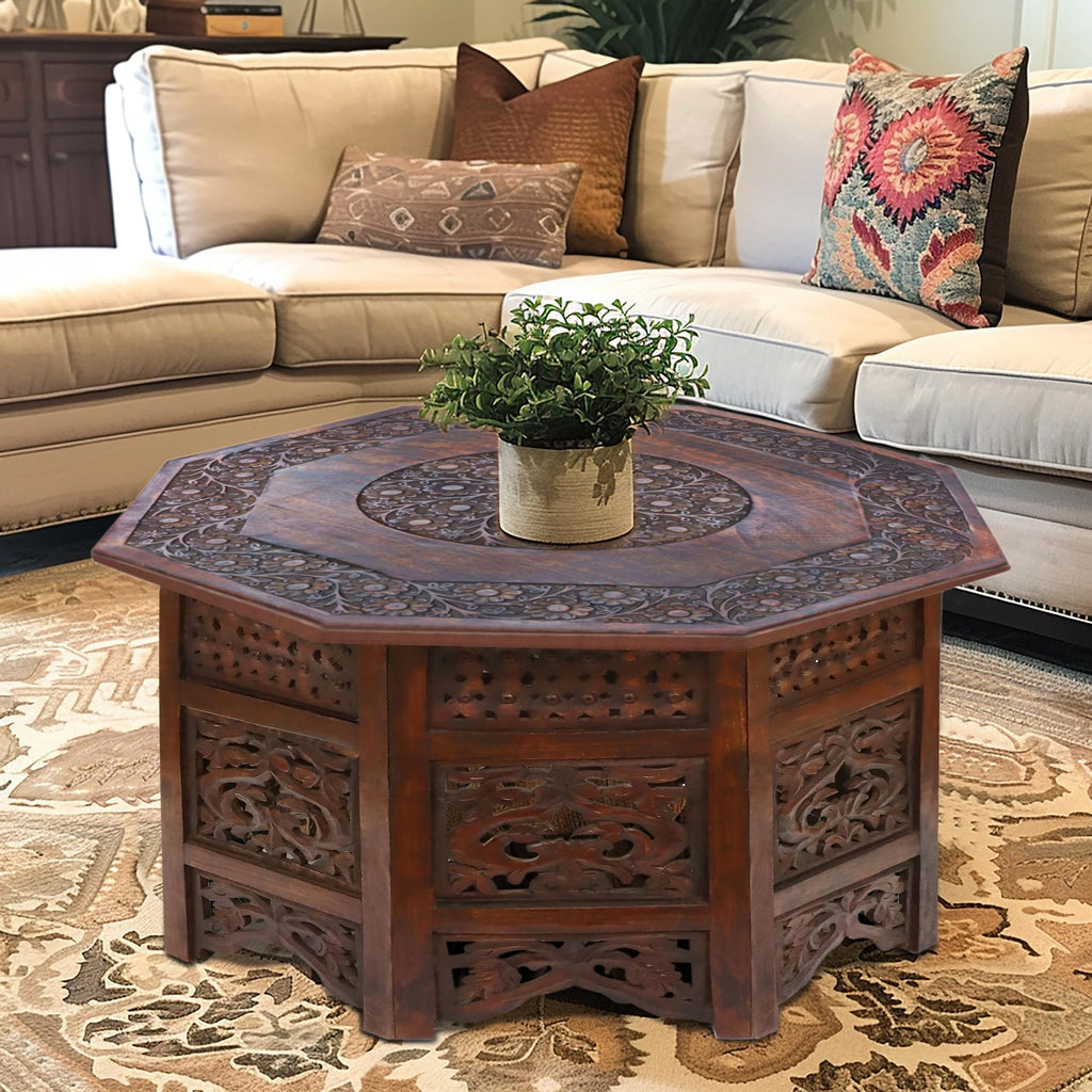 Solid Wood Coffee Table - Hand Carved Folding Octagon Table