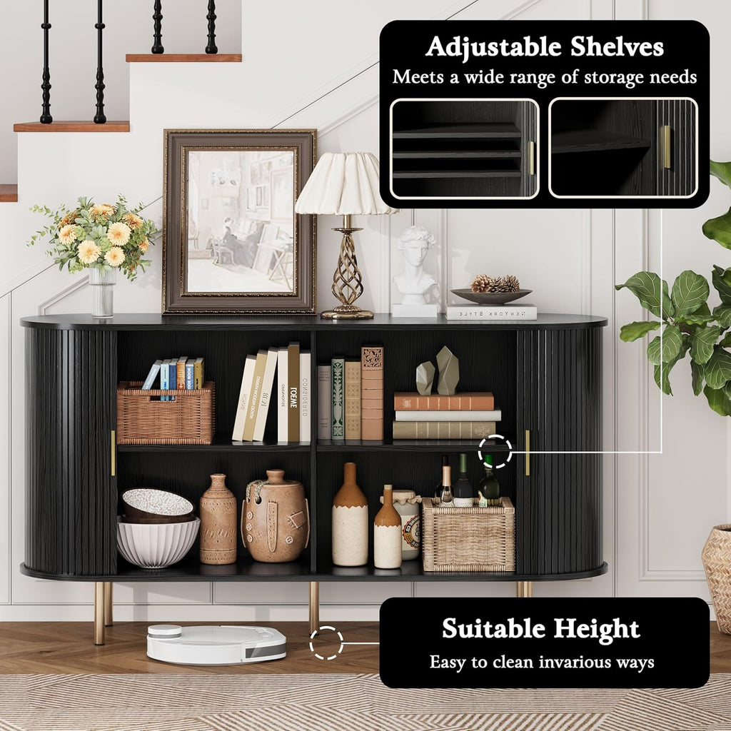 Sideboard Buffet Cabinet with Storage,Mid Century Modern Fluted Accent Coffee Bar Console Table,Tambour Sliding Doors& Adjustable Shelf for Kitchen, Living Room, Entryway(Black, 55 Inch)