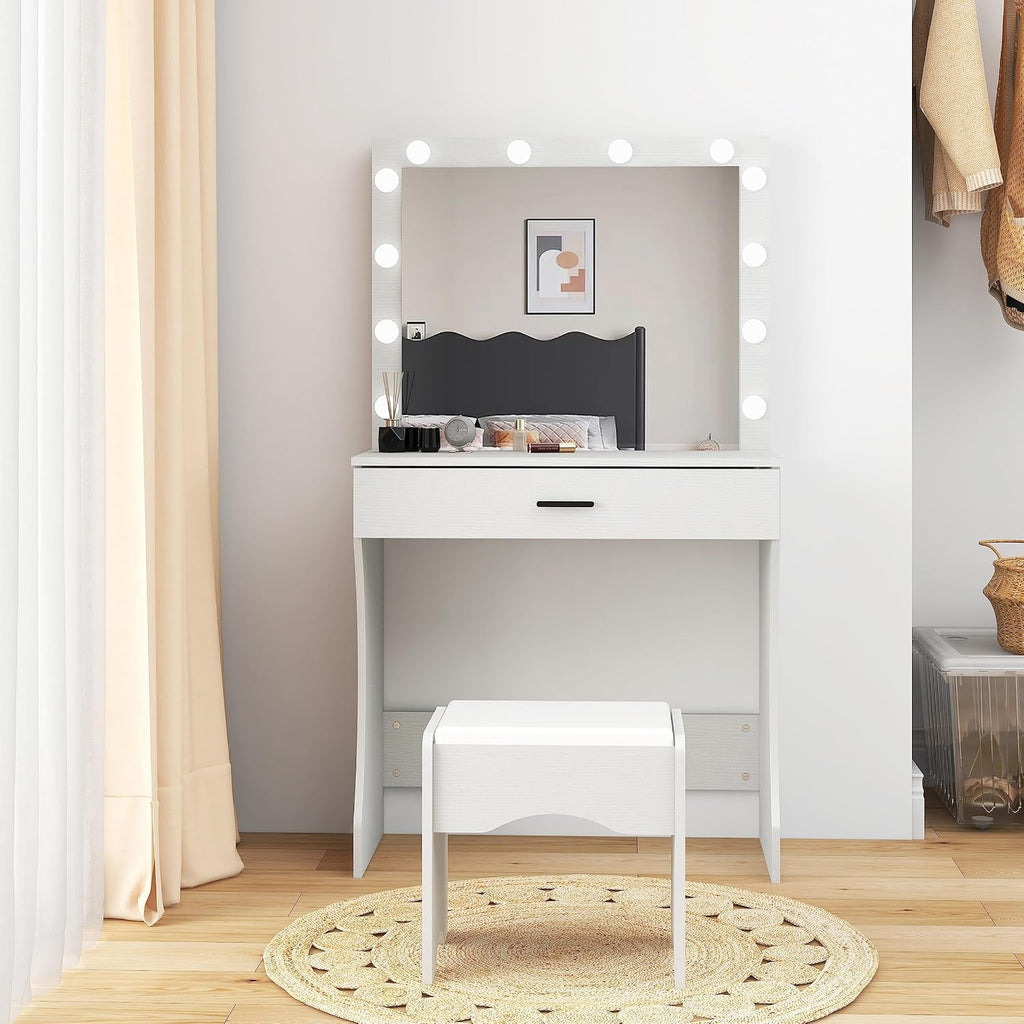Vanity Desk with Mirror and Adjustable Lights, One Drawer Storage Makeup Table with Stool - Vanity Set (White)