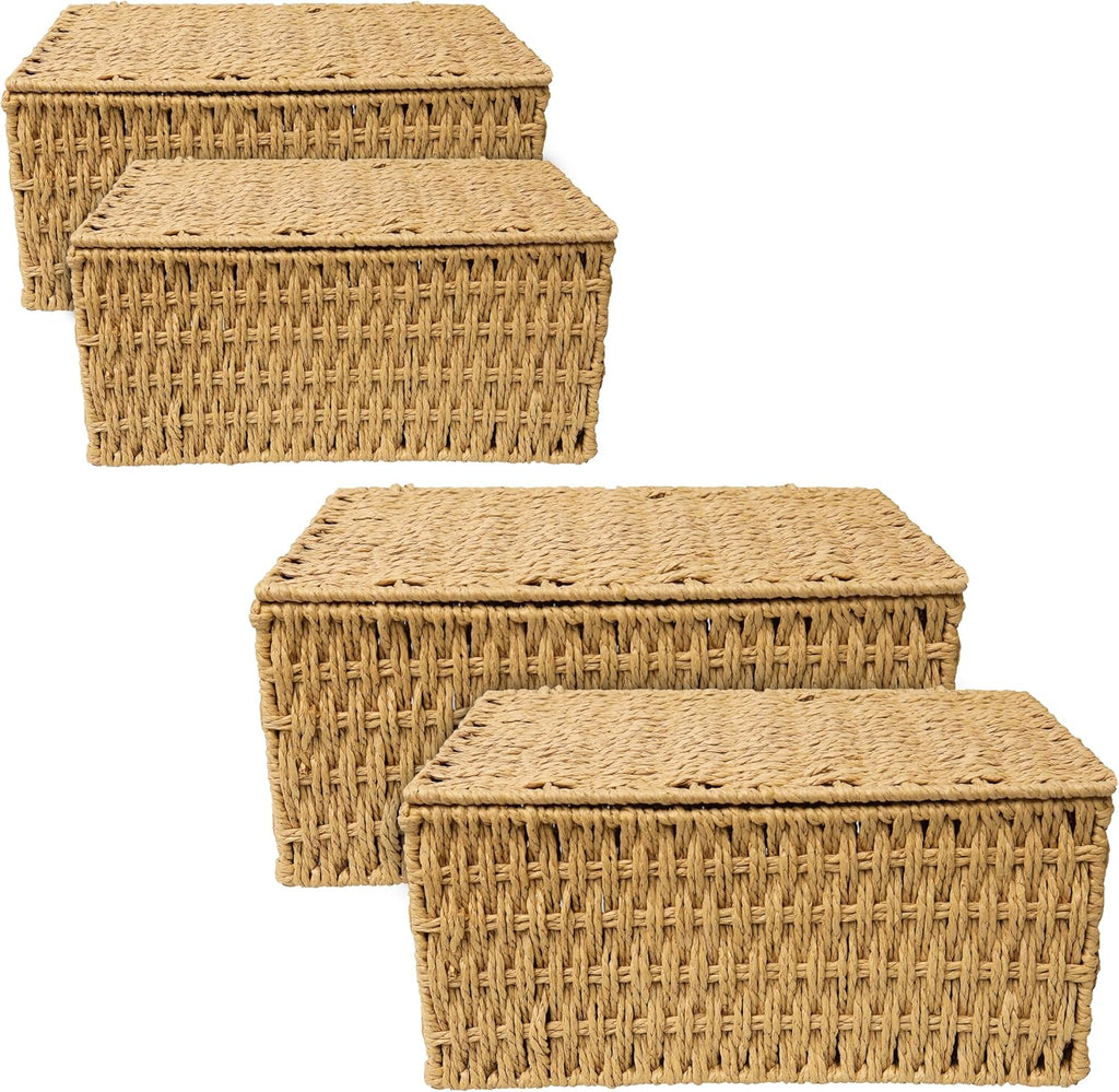 Woven Stackable Storage Baskets with Lid, Decorative Rope Organizer Bin - Set of 4 (4 Sizes), Beige (No Liner)