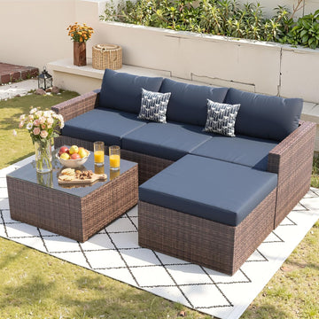 5 Piece L Shaped Outdoor Couch, Small Space Patio Furniture Set, Navy Blue | Outdoor Sectional Sofa, All-Weather