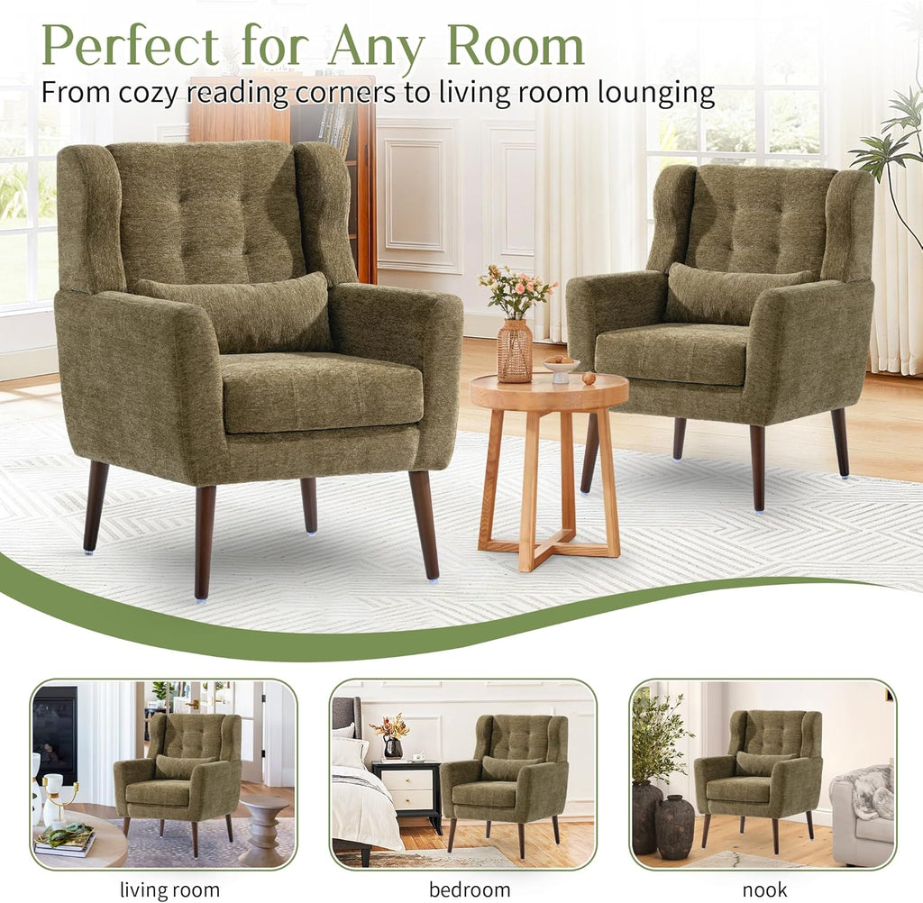 Accent Arm Chairs , Chenille Upholstered Mordern Armchair, Comfy Soft Padded Lounge Chair , Pillow, Solid Wood Leg