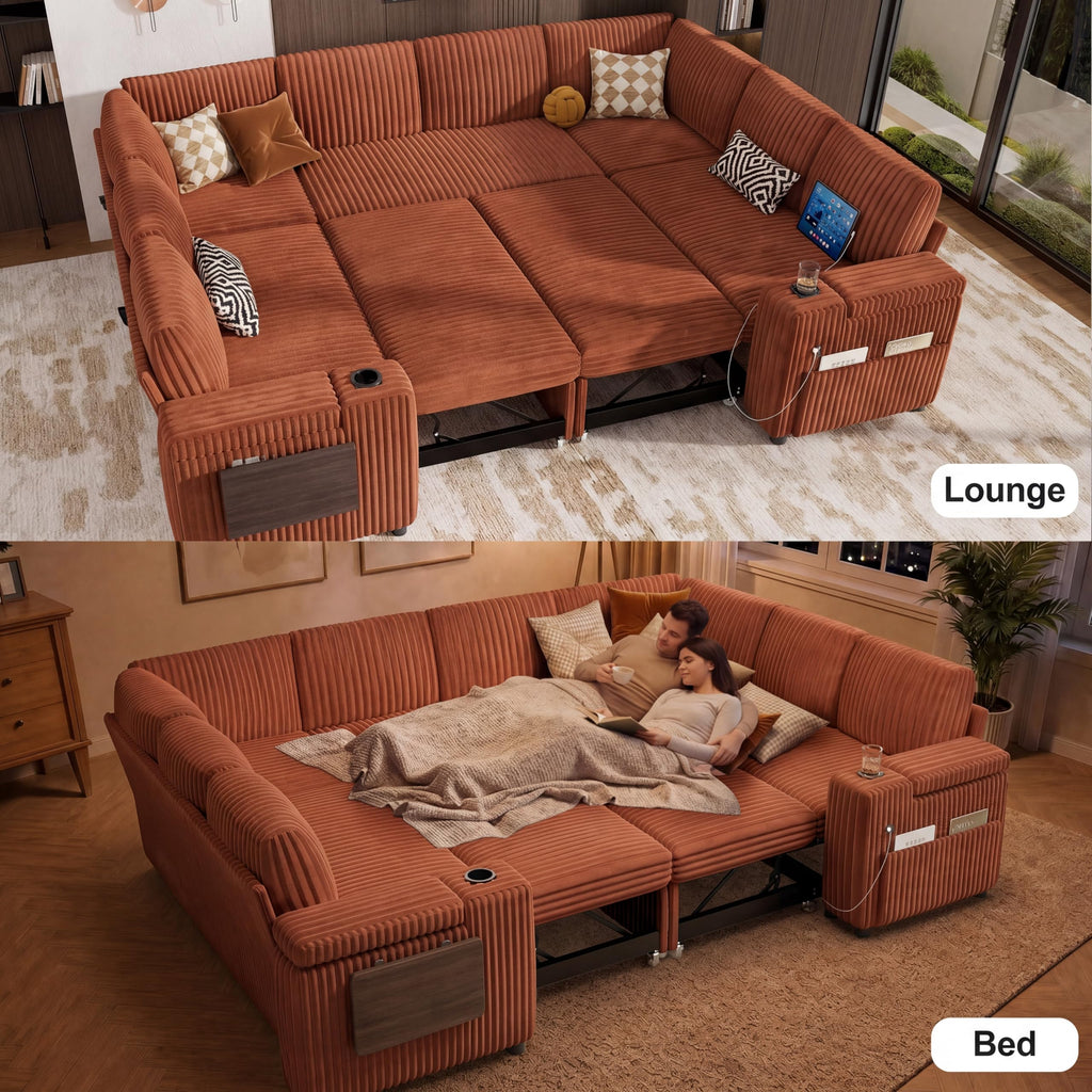 111" Modular Sectional Sleeper Sofa with Pull Out Bed, 8 Seat Plush Corduroy U Shaped Couch with Storage Chaise|USB