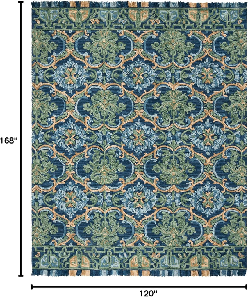 Blossom Area Rug - 10' x 14', Navy & Green, Handmade Boho Fringe Wool