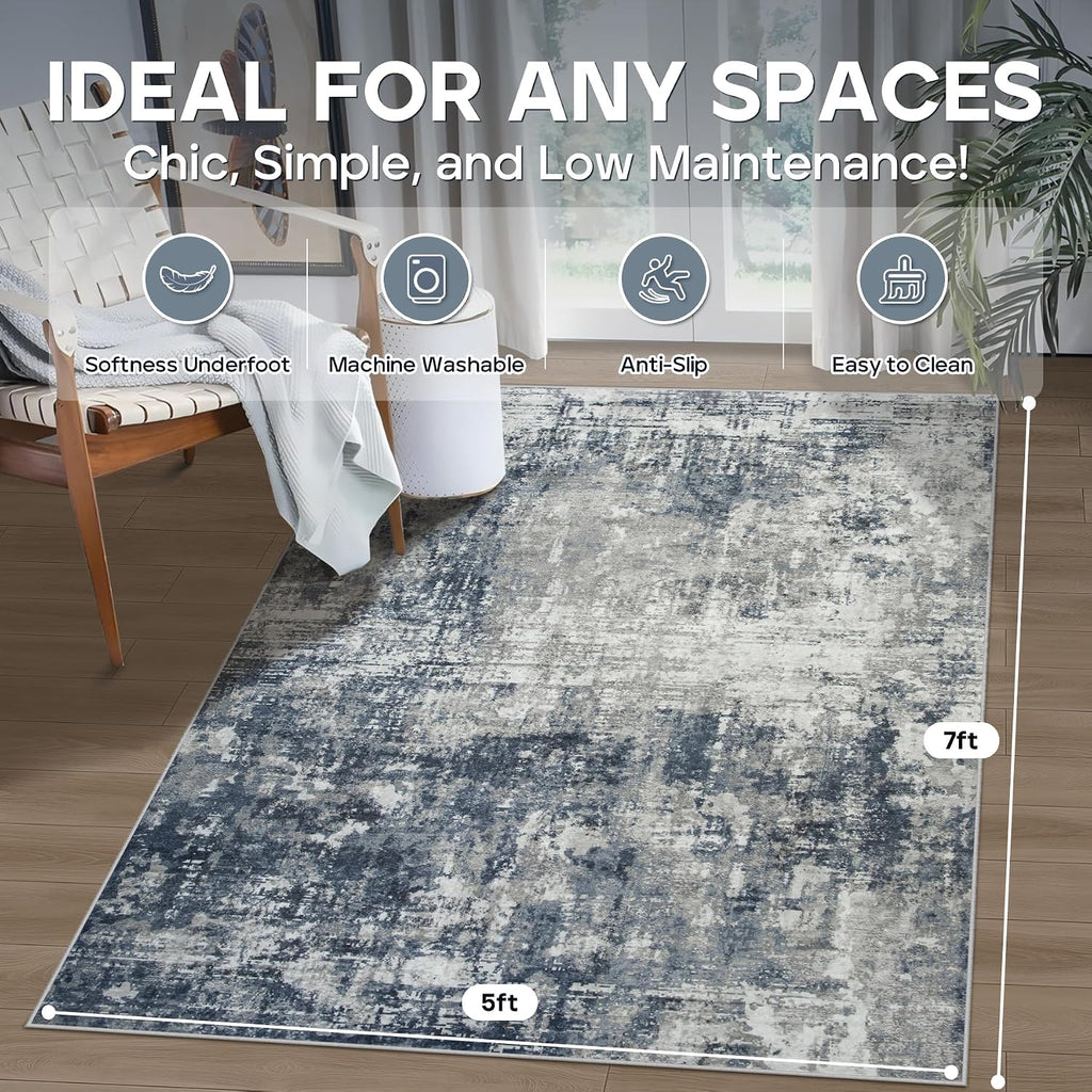 5x7 Area Rugs Bedroom Dining Room Washable Blue Grey