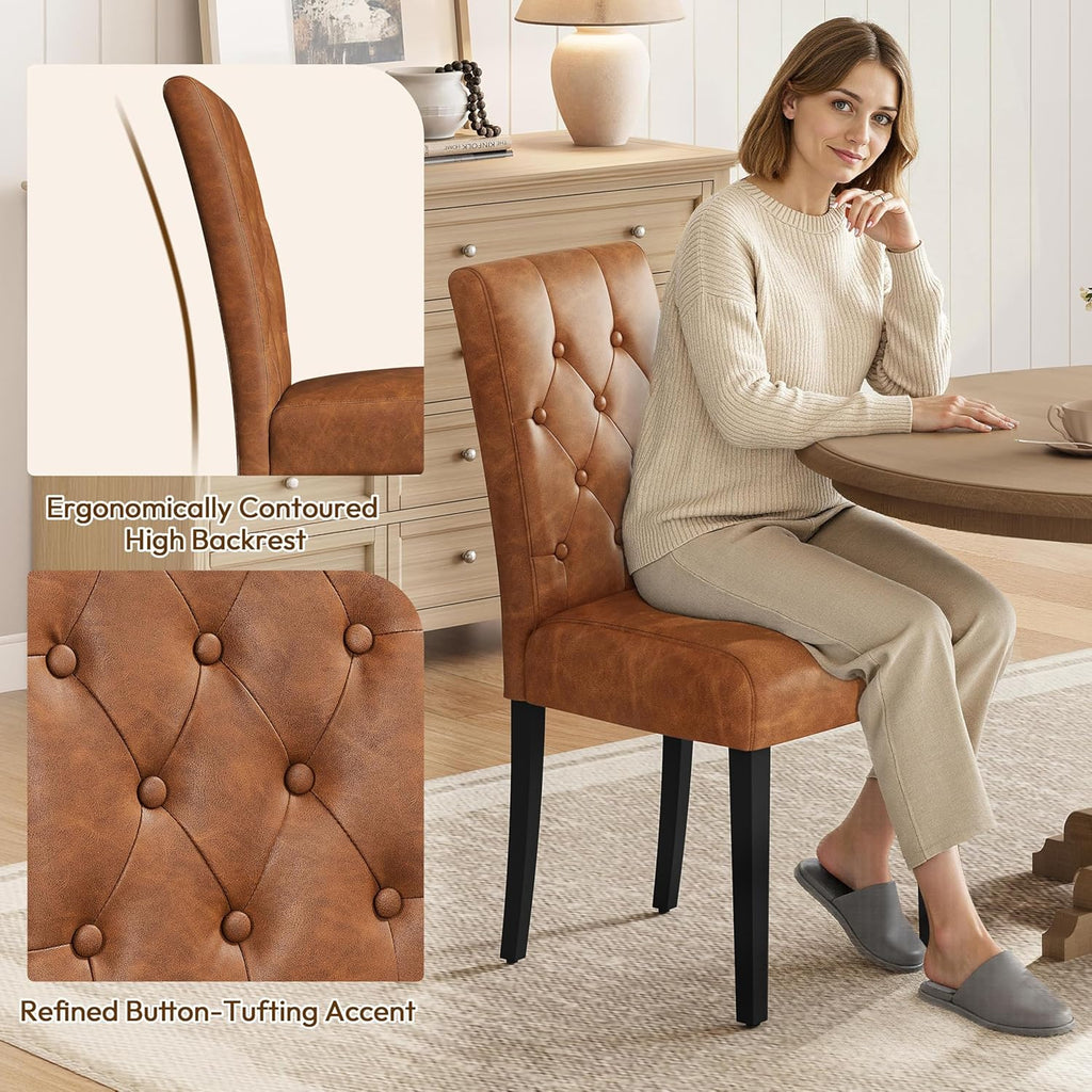 Upholstered Dining Chairs Set of 2 Modern Leather Parsons Kitchen Chairs with Button Tufted High Back and Solid Wood