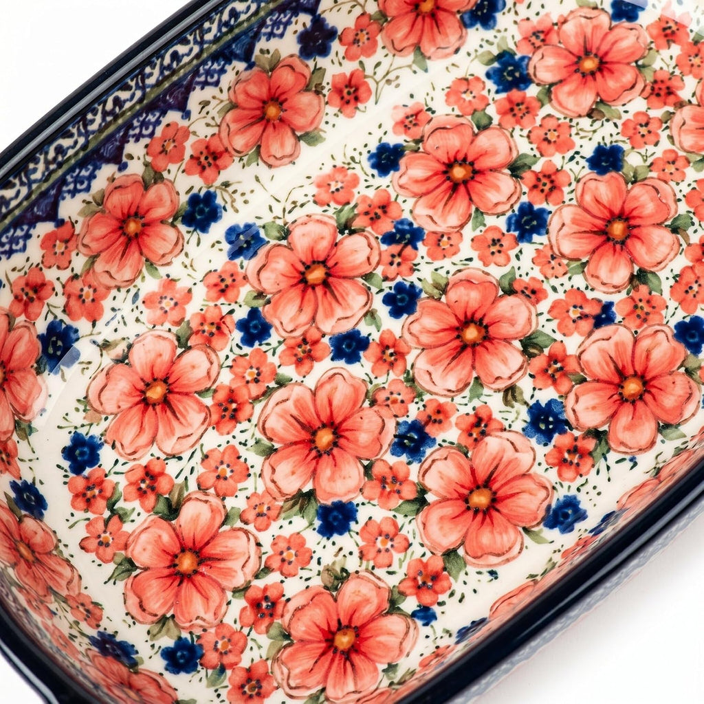 Ceramic Dish with Handles, Hand-painted Polish Pottery Dish Set of 2, Pan Lasagna Pan, Rectangular, Floral Pattern