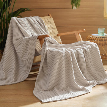 100% Cotton Throw Blanket for Summer, Ultra Soft Waffle Weave Linen Blanket, Thin Lightweight Breathable Bedding