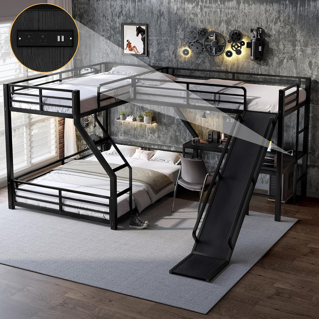Triple Bunk Beds, L-Shape Twin XL Over Queen Bunk Bed Attached a Loft Bed with Desk