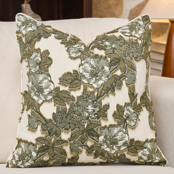 Vintage Floral Throw Pillow Cover 20x20 Inches Olive Green Farmhouse Fringe Pillow Cover French Country Cushion Cover