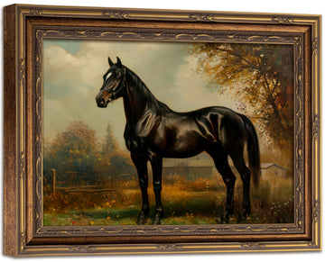 Vintage Gold Framed Black Horse Canvas Wall Art 12x16in