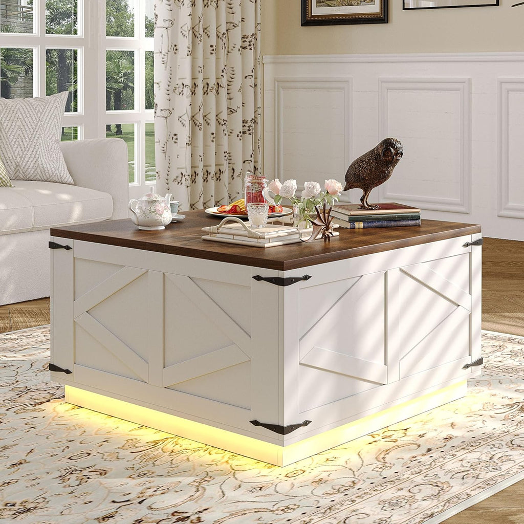 Farmhouse Lift Top Coffee Table, Square Wood Center Table with LED Lighting, USB-C Charging Station