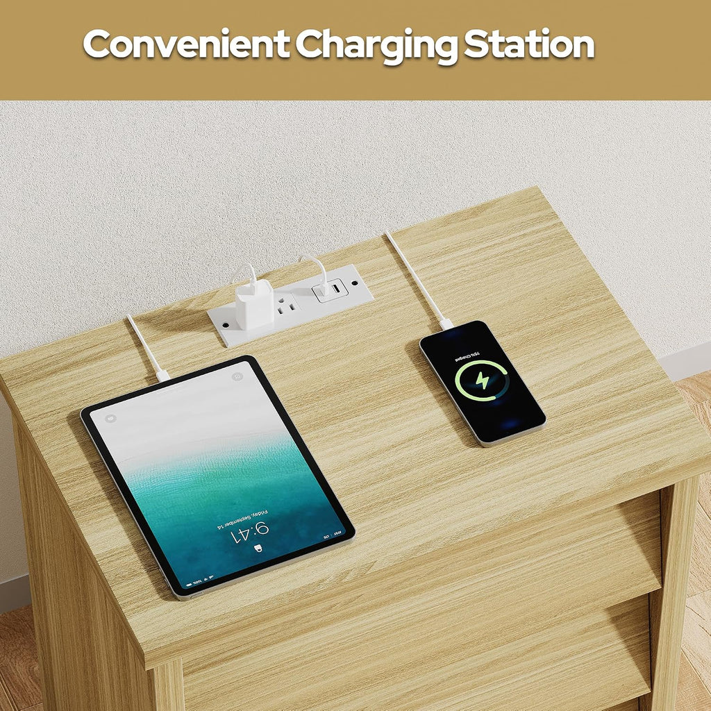 23" Wide Nightstand Set of 2 with Charger Station, Modern Night Stand with 3 Drawers, Wood End Table with USB Ports