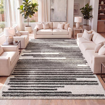 Khalil Modern Berber Stripe Cream/Black Indoor Area Rug, 8x10, Contemporary, Bohemian, Easy-Cleaning, Pet Friendly