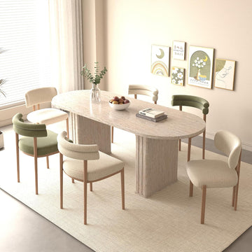 78.74" Extendable Dining Table for 4-8 People,Oval Travertine Inspired Kitchen Table with Wooden Strip Base for