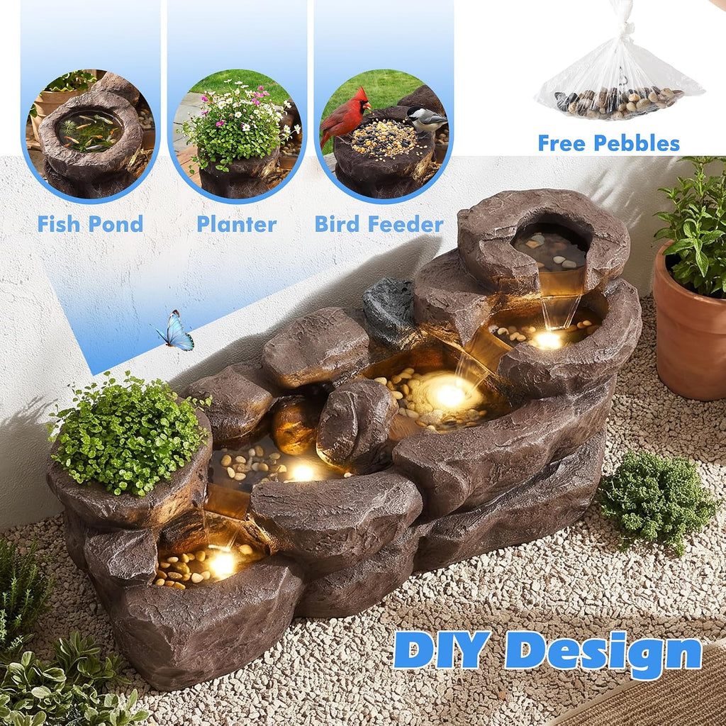 37.4" L Water Fountain Outdoor, 5-Tier Rock Cascading Water Feature | Garden Pool Fountains and Waterfalls with Warm