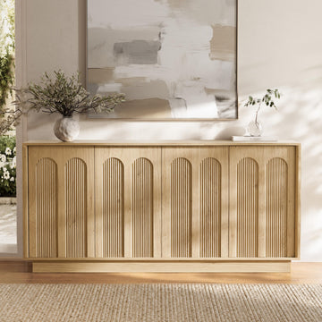 67" Sideboard Buffet Cabinet, Arched Fluted Push-to-Open Doors, Oak