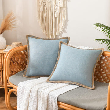 Set of 2 Farmhouse Throw Pillow Covers - Burlap Linen Trimmed Tailored Edges Decorative Cushion Covers, 18 x 18, Blue