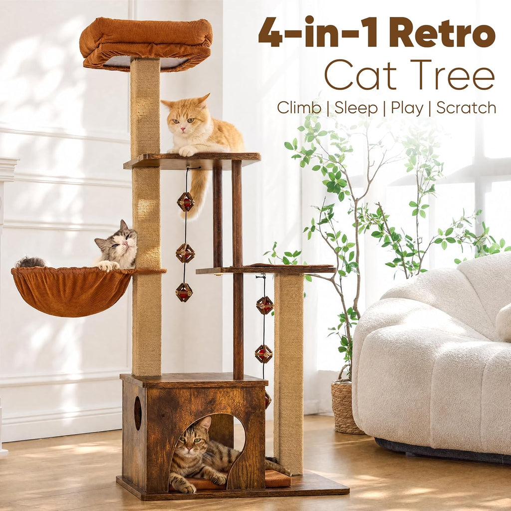 Retro-Modern Cat Tree, 4 in 1 Large Cat Tower with Hammock & Condo