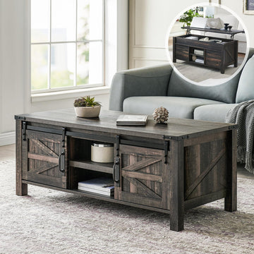 48" Farmhouse Lift Top Coffee Table, Sliding Barn Door, Dark Rustic Oak
