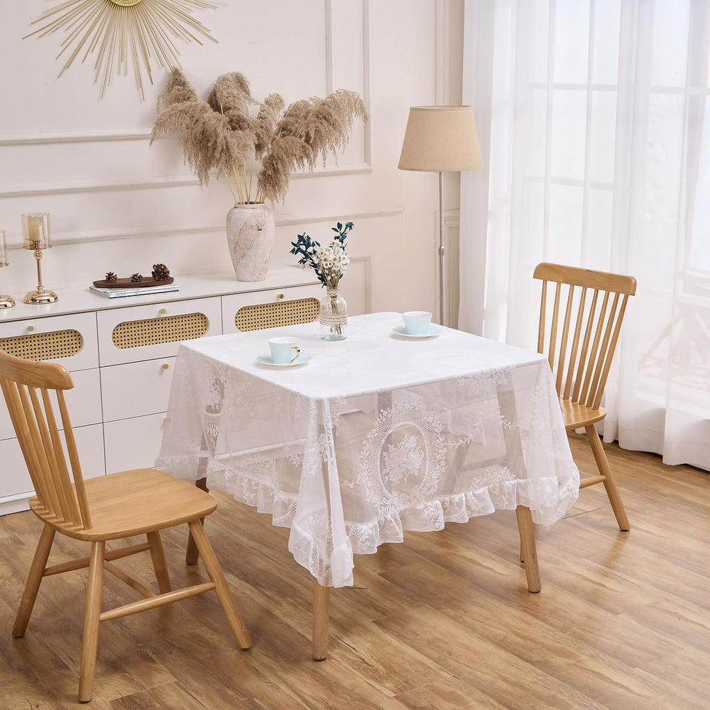 White Floral Embroidered Lace Square Tablecloth 55”x55” Vintage Table Cover (White, 55”x55”, Square)