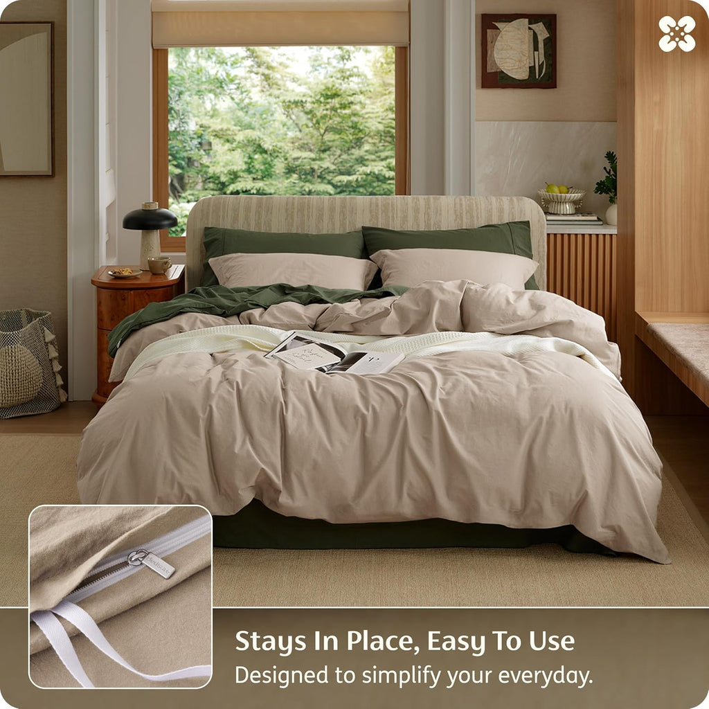 PureWoven 100% Washed Cotton Duvet Cover Set, Queen, 3-PC