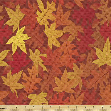 Orange Fabric by The Yard, Colorful Autumn Fall Season Maple Leaves in Unusual Designs Nature Print, Decorative