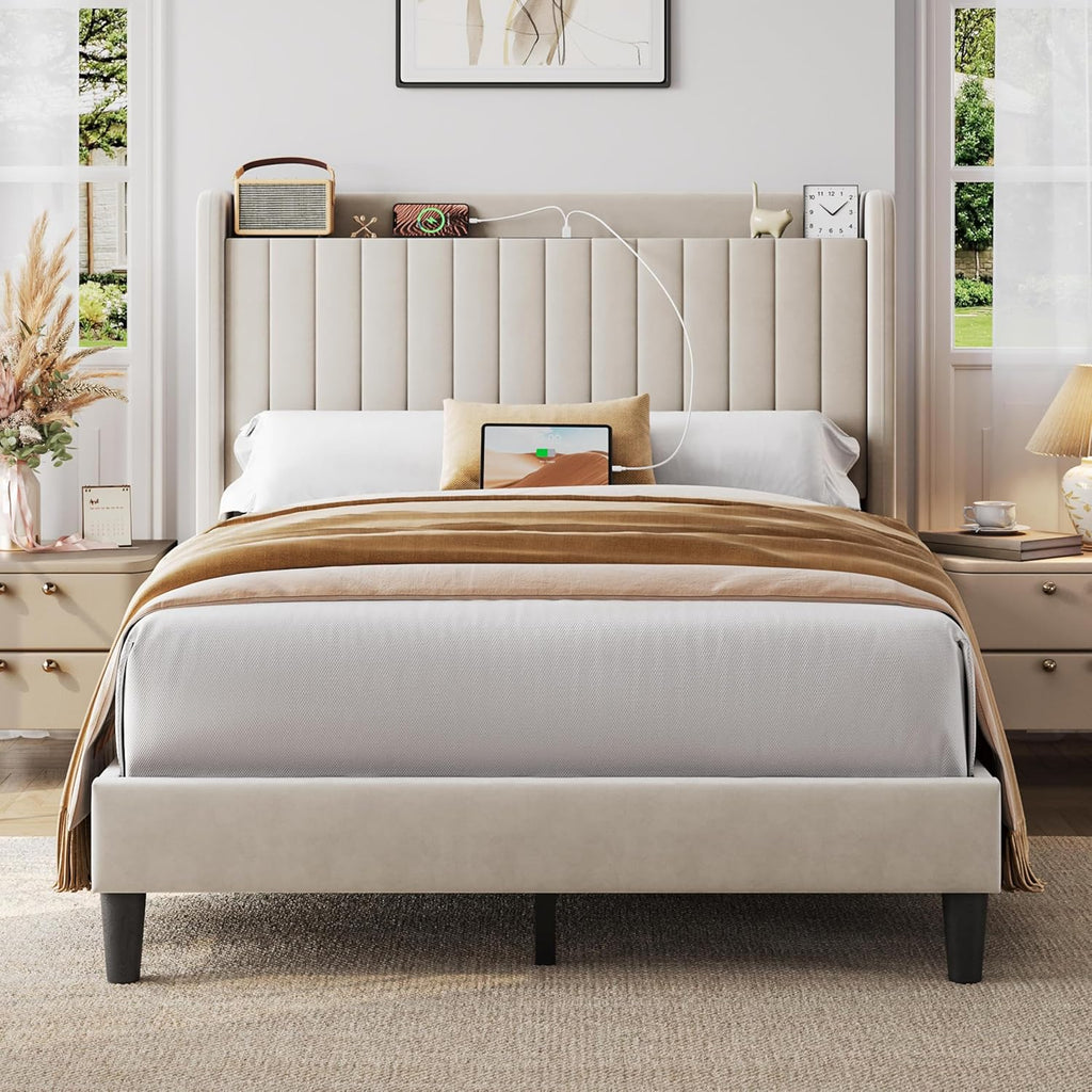 Full Bed Frame with USB Charging Station and Storage Shelf/Upholstered Headboard Platform Bed with Wing Side/Wooden