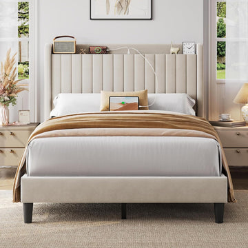 Full Bed Frame with USB Charging Station and Storage Shelf/Upholstered Headboard Platform Bed with Wing Side/Wooden