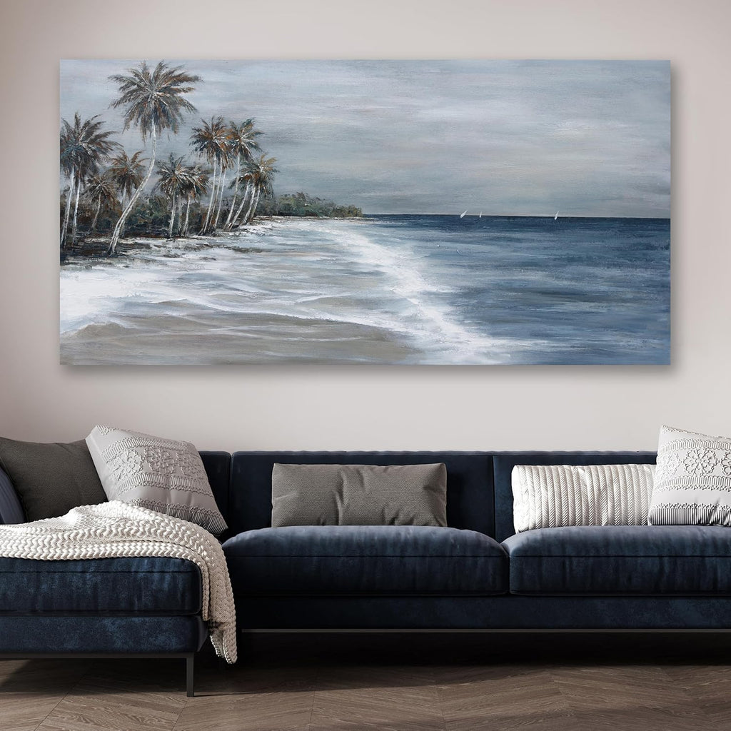 Coastal Wall Art Blue Gray Beach Wall Decor Landscape Abstract Canvas Painting Modern Ocean Artwork Framed Bedroom