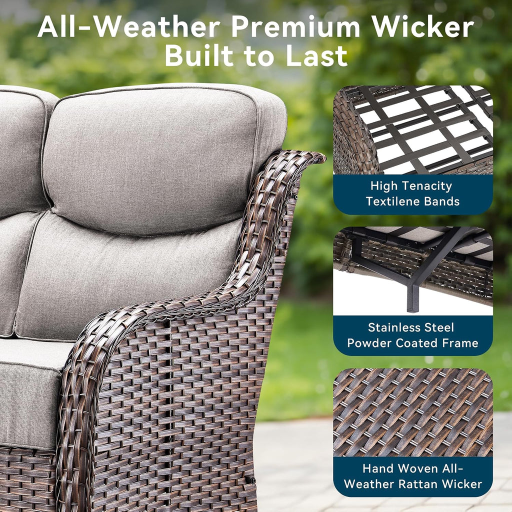 Luxury Outdoor Patio Furniture Set-Wicker High Backrest 3-Seat Patio Sofa with Comfy 6" Cushion, Rattan Couch with