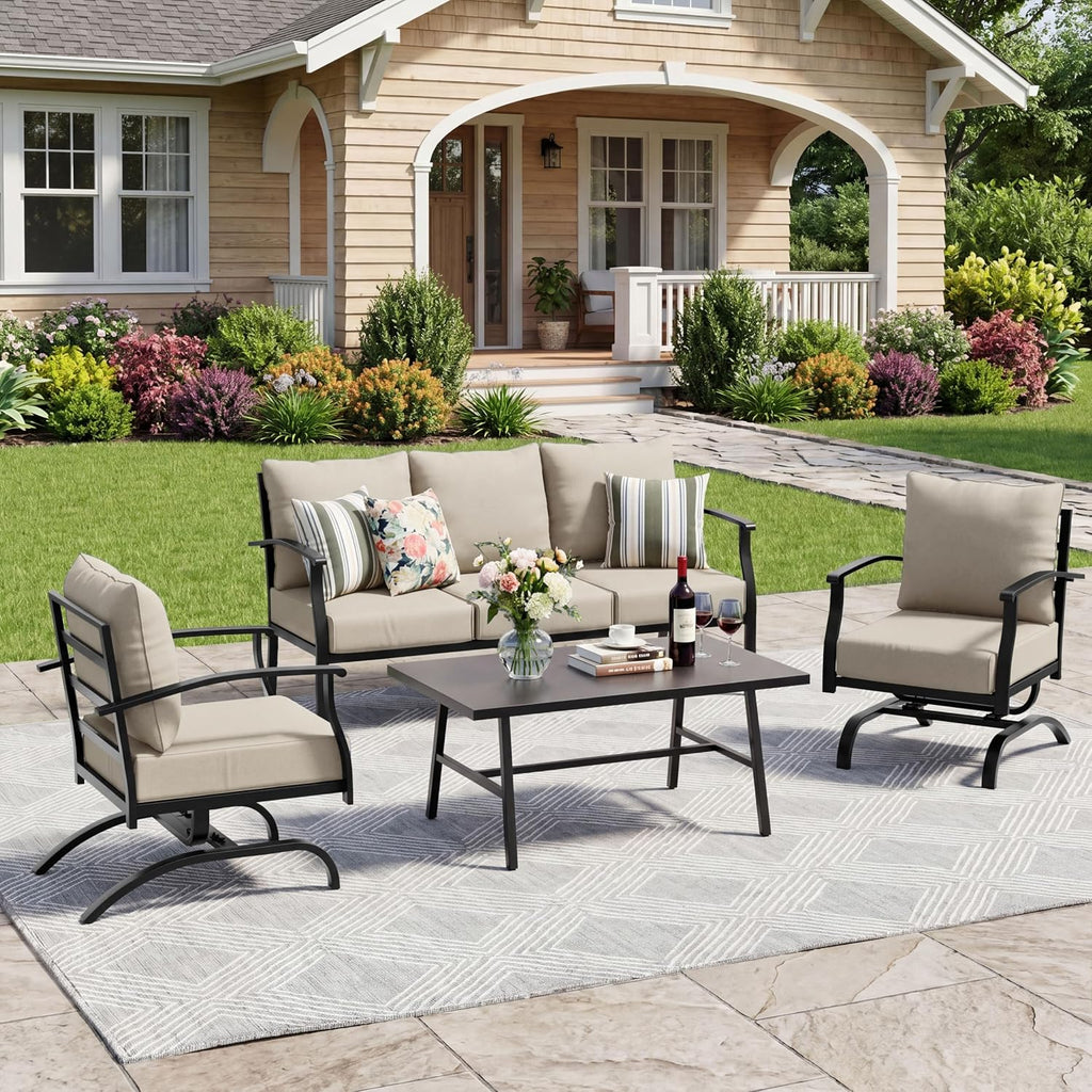 4 Piece Patio Furniture Set, Metal Outdoor Patio Furniture Set, All Weather Modern Couch Sofa with Comfortable