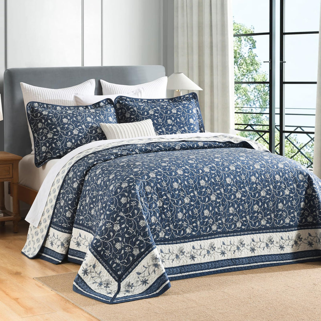 100% Cotton 128x120, Navy Botanical