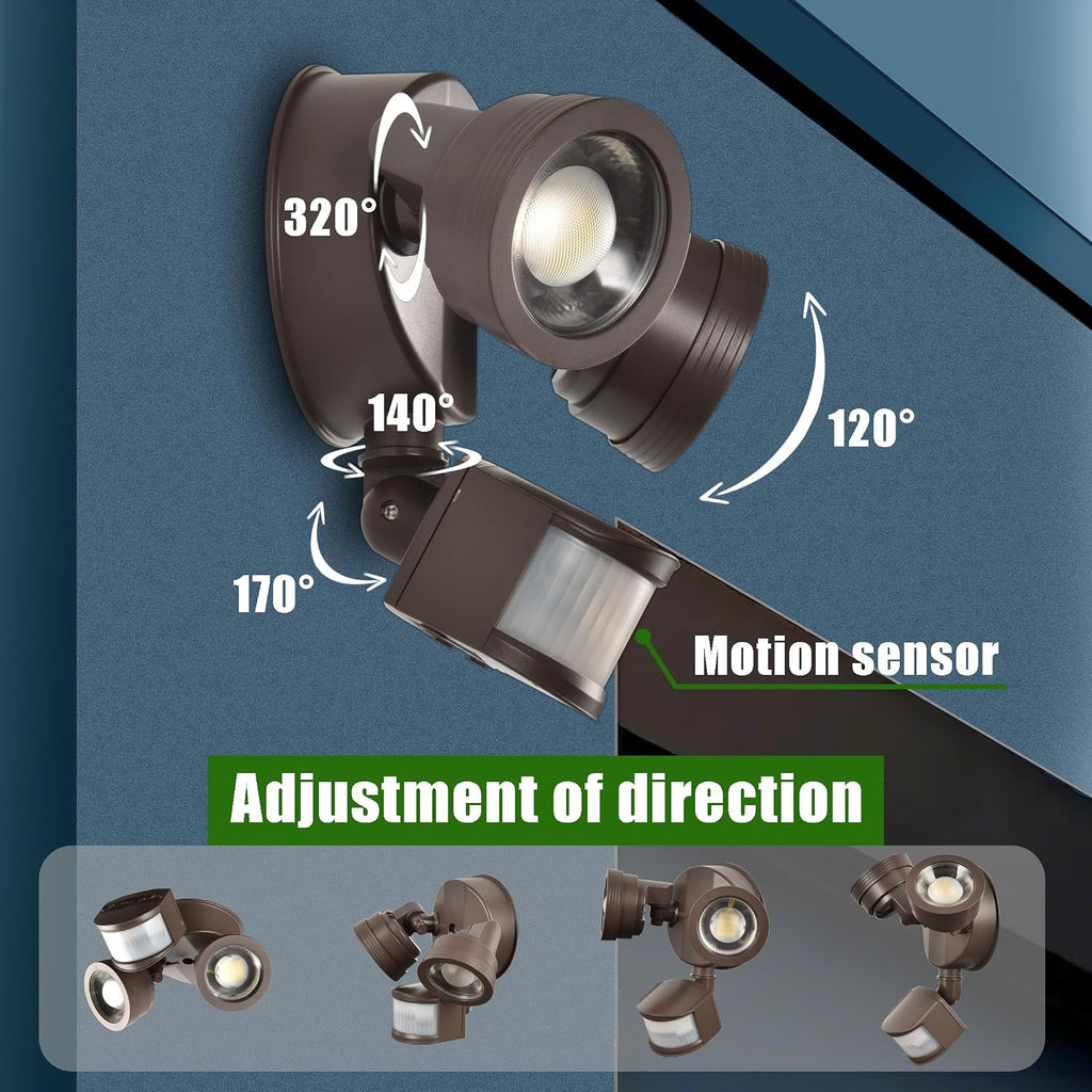 Outdoor LED Two-Head Security Flood Light, Motion Sensor, Adjustable Beam Angle Light Coverages, Adjustable