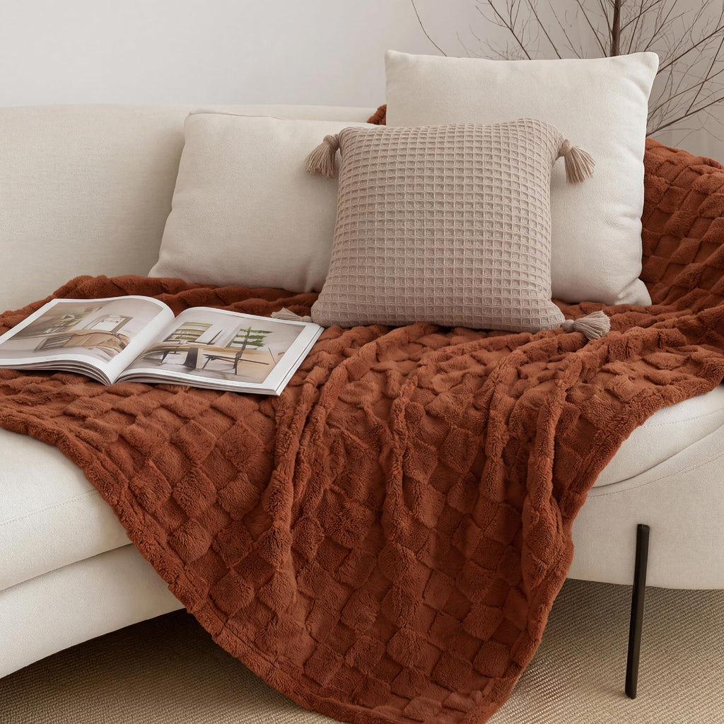 Checkered Soft Fall Throw Blanket for Couch, Burnt Orange, 50"×60"