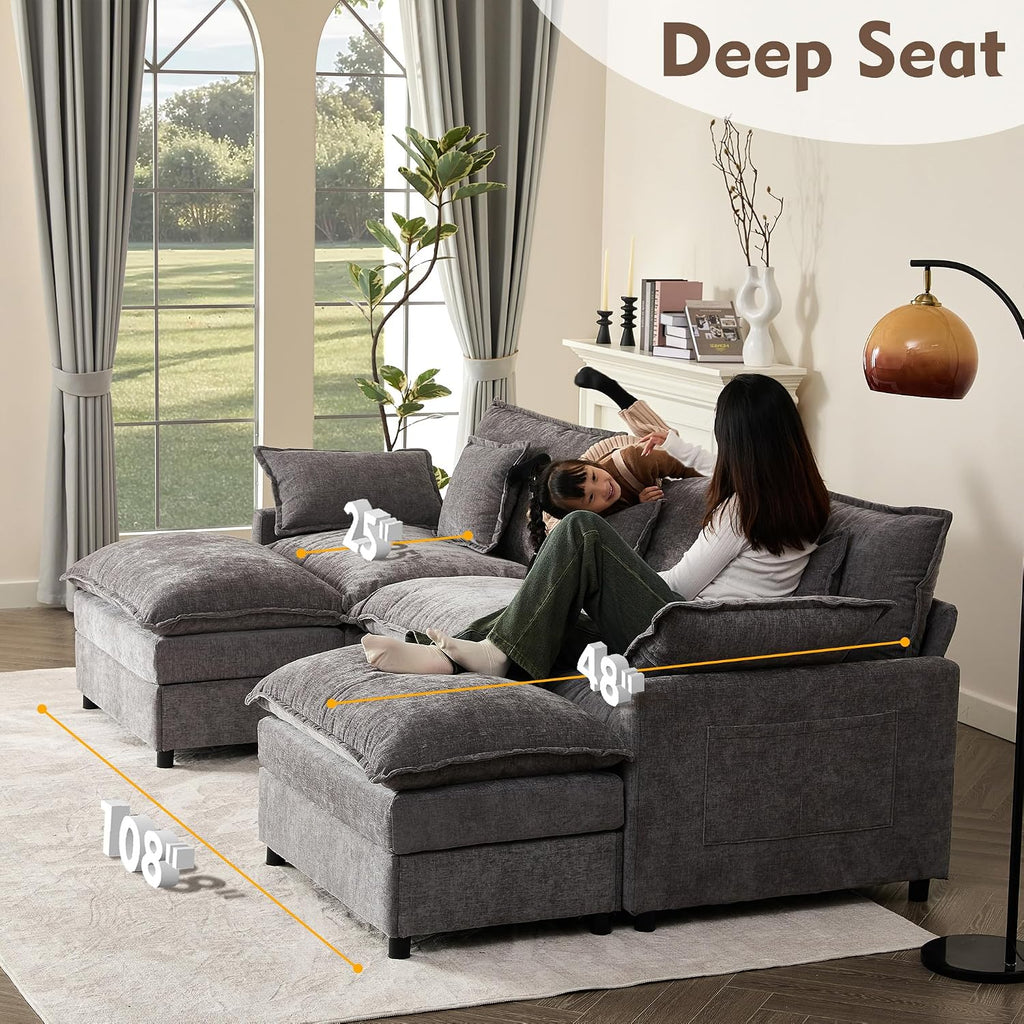 108" U-Shaped Modular Cloud Couch, Deep Seat, Chenille Slate | Cloud Comfort, Couches , Removable & Machine-Washable