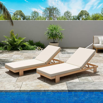 Acacia Wood Chaise Lounge Chair Set of 2, Patio Outdoor Chaise Lounge with Cushions, Adjustable Backrest Single