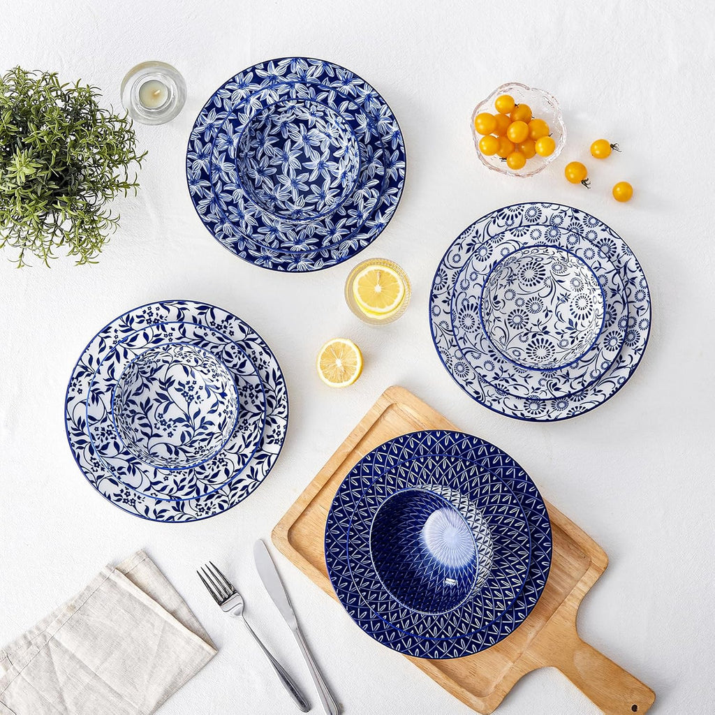 SELENE Plates and Bowls Set for 4, 12 Pieces Dinnerware Sets, Mircowave and Dishwasher Safe Dishes Set