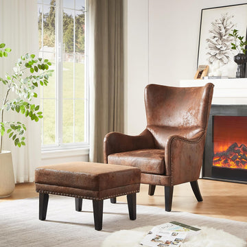 Modern Wingback Club Chair and Ottoman — Brown Suede
