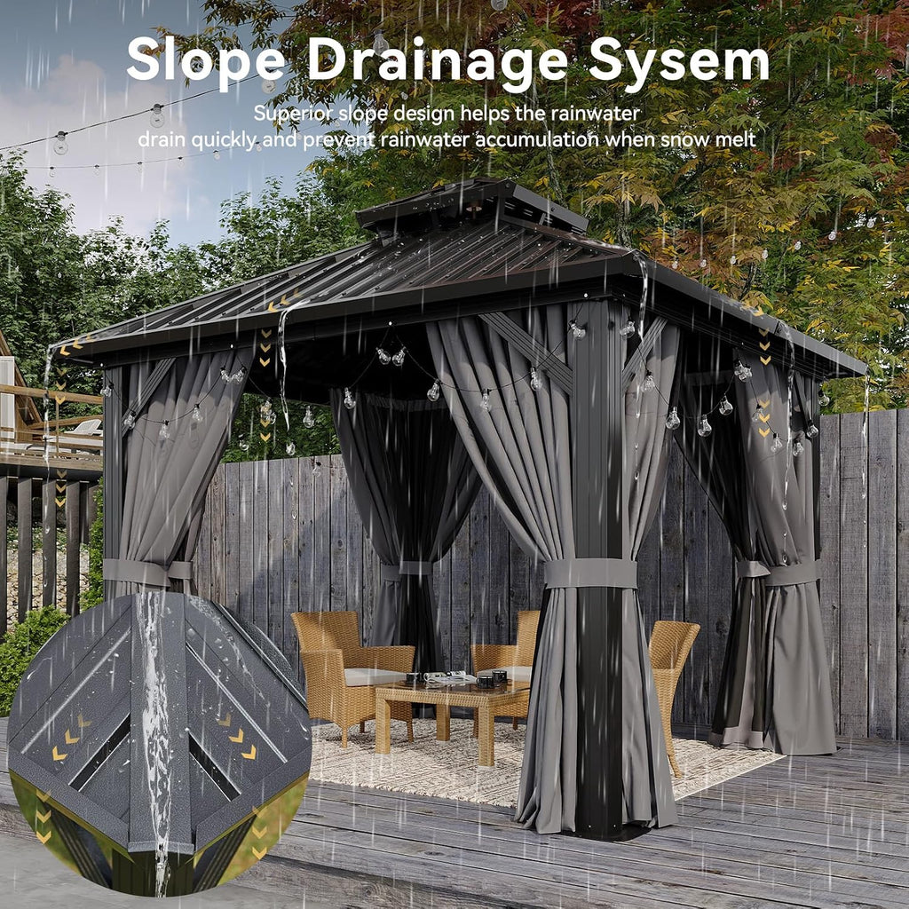 10’x12’ Hardtop Gazebo, Permanent Metal Pavilion with Galvanized Steel Double Roof